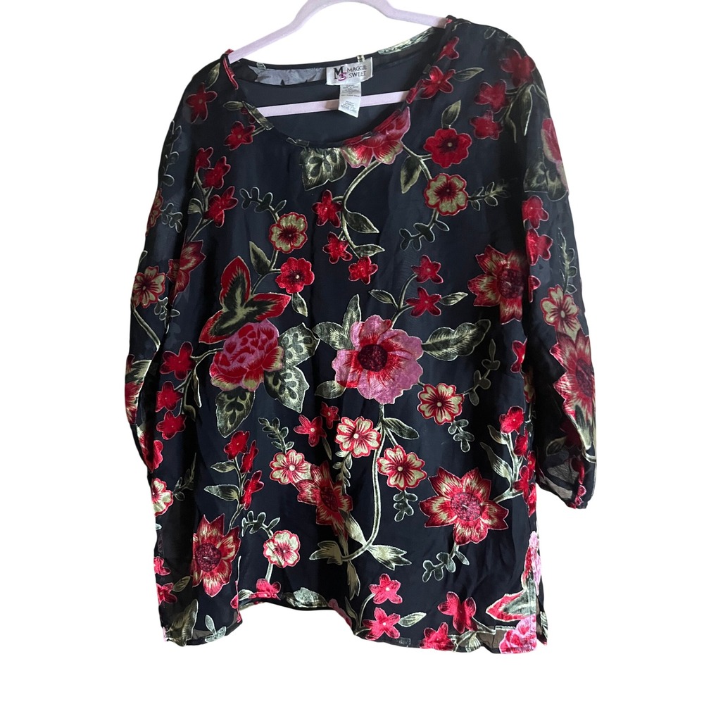 Maggie Sweet Floral Burnout Velvet Blouse Black Red Petite Large 6702